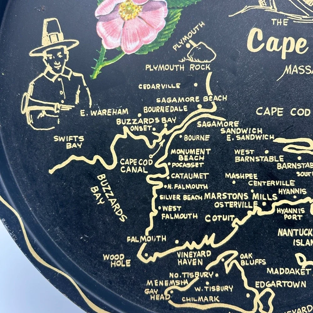 Vintage 60s Cape Cod Massachusetts Tin Metal Serving Tray Souvenir Map 11
